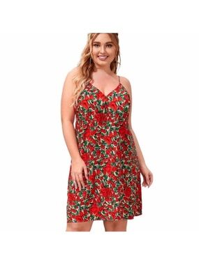 Shein | red floral v-neck spaghetti strap slip dress